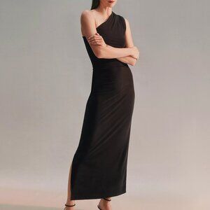 One Shoulder Shirred Midi Dress- BLACK